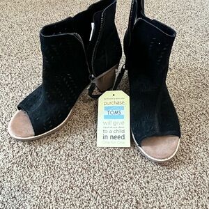 TOMS Black Suede Peep Toe Mules with Stacked Heel